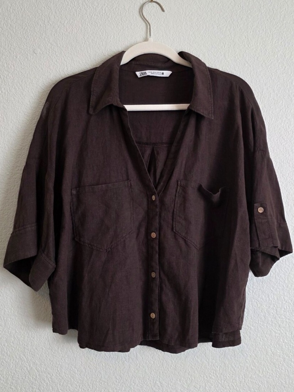 ZARA Dark Brown Linen-Blend Short-Sleeve Button-Down Shirt